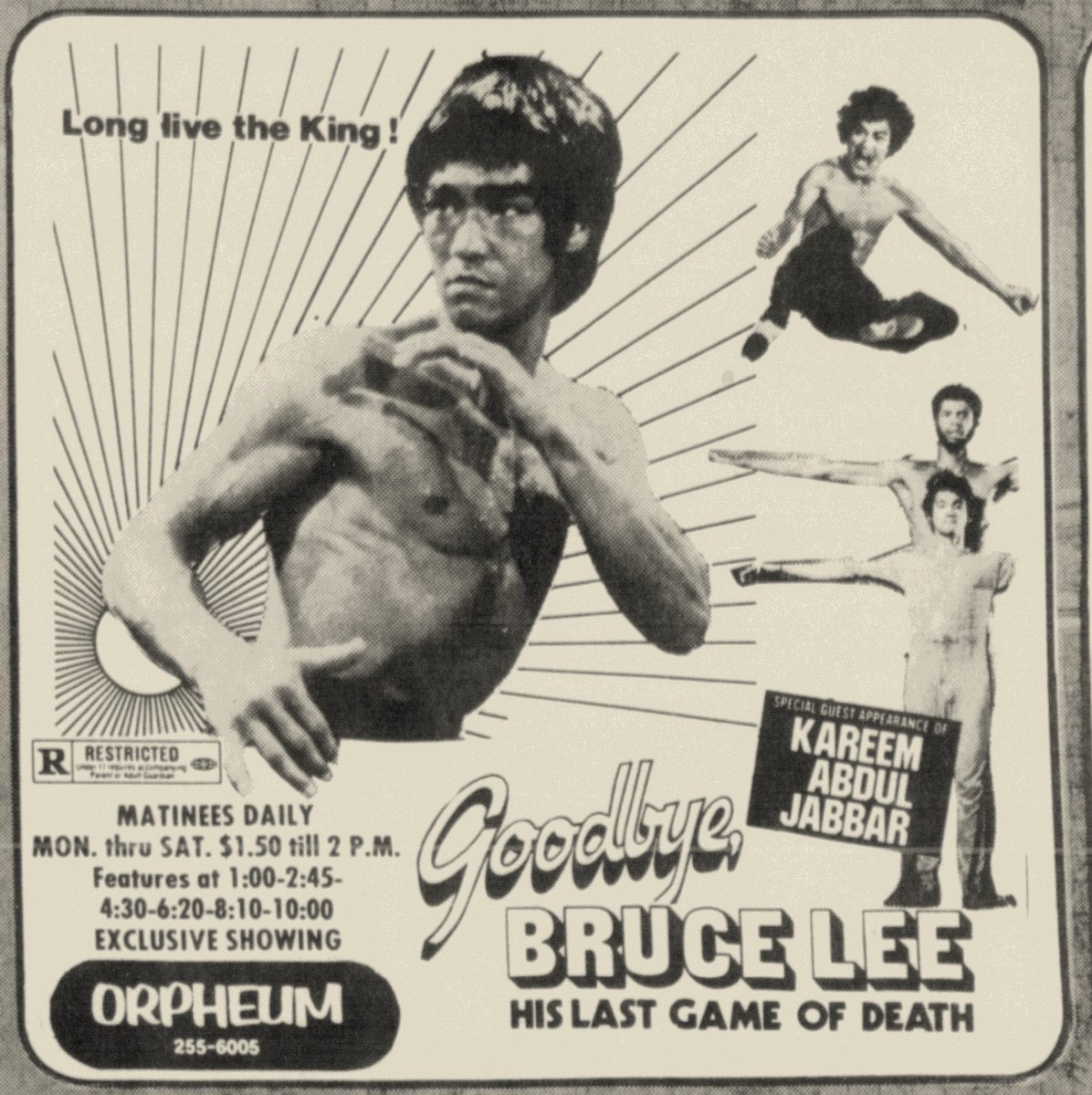 SleazyMadison's tweet photo. ”Long live the King!” GOODBYE, BRUCE LEE: HIS LAST GAME OF DEATH (1975, aka “Xin si wang you xi,” dir. Pin Lin &amp; Harold B. Swartz), with “Special Guest Appearance is Kareem Abdul Jabbar,” at the Orpheum 🥋 Published Mar. 5, 1976. https://t.co/6kBJAxvxWg