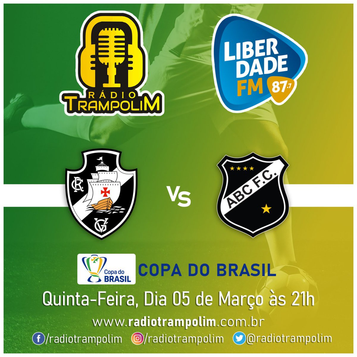 ch_rn's tweet photo. Hoje é dia de Copa do Brasil e a casadinha do esporte @RadioTrampolim / @liberdadefm877 vai contar tudo de @VascodaGama x @ABCFC direto do Maracanã. A partir de 21h com @Jarbasrn e @Diacono_Edson e @AndreiCTorres. Também no App da Trampolim, https://t.co/gZcfvgd3r1 e RadiosNET. https://t.co/AX1SlbCgjW