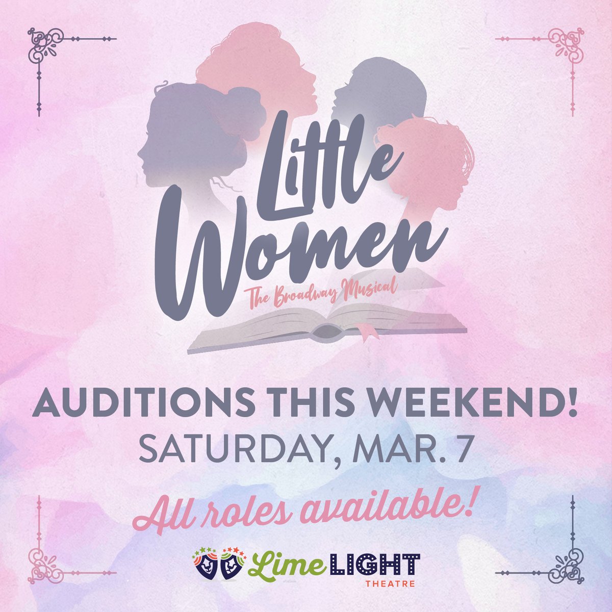Join us on Saturday at 12:30 PM for Little Women the Musical Auditions at Limelight Theatre!

Please note: People of all races, ethnicities and body types are encouraged to audition at the Limelight!
 
 #InTheLimelight #LittleWomenTheMusical
