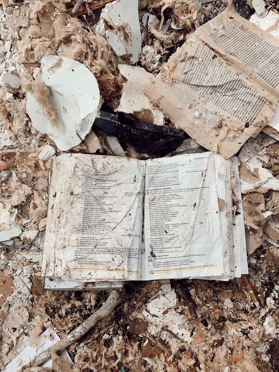 BlissZechman's tweet photo. BIBLE BRINGS HOPE: 2 TN Tech students found this Bible while they were helping cleanup after a deadly tornado ripped through Cookeville. Even though the home was leveled, the Bible was practically untouched. It was open to Jeremiah 46:27. https://t.co/GVrFy4lTD8