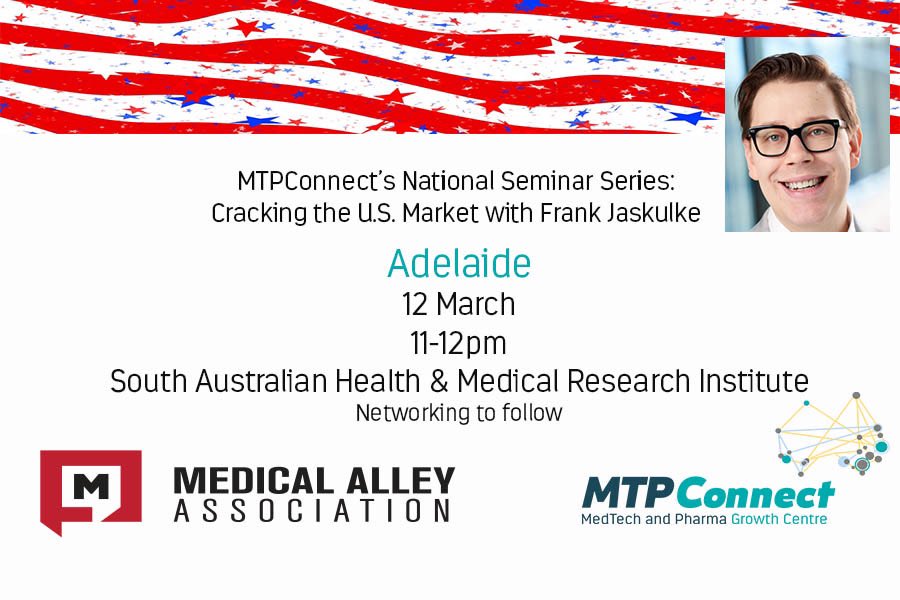 👋🏼 Adelaide! I want you to join me at <a href="/sahmriAU/">SAHMRI</a> next Thursday for our National Seminar Series w <a href="/MedicalAlley/">Medical Alley</a>’s @FrankMedAlley on how to crack the 🇺🇸 market! Register today eventbrite.com.au/e/mtpconnects-…
