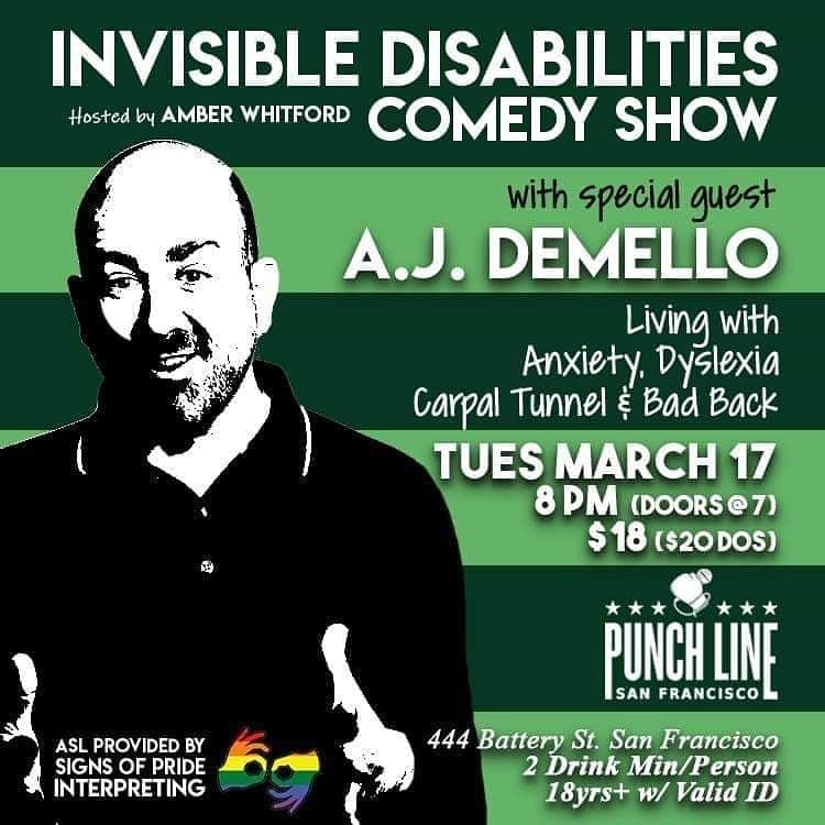 invisdiscomedy's tweet photo. A.J. DeMello is exploding onto our stage at @punchlinesf to talk about his #Anxiety, #Dyslexia, #CarpalTunnel, and #BadBack and it's gonna be hilarious! See you there! (Follow him at @humorousfiend) https://t.co/xNfcJuGus5