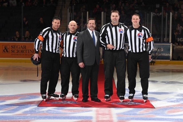 OfficialsWear's tweet photo. Congratulations to Derek Sylvester on his final @TheAHL game in Rochester last night! left to right: Tim Mayer, Pete Feola, Brian Lemon, Derek Sylvester and Brandon Schrader https://t.co/daLQ2oIYyD
