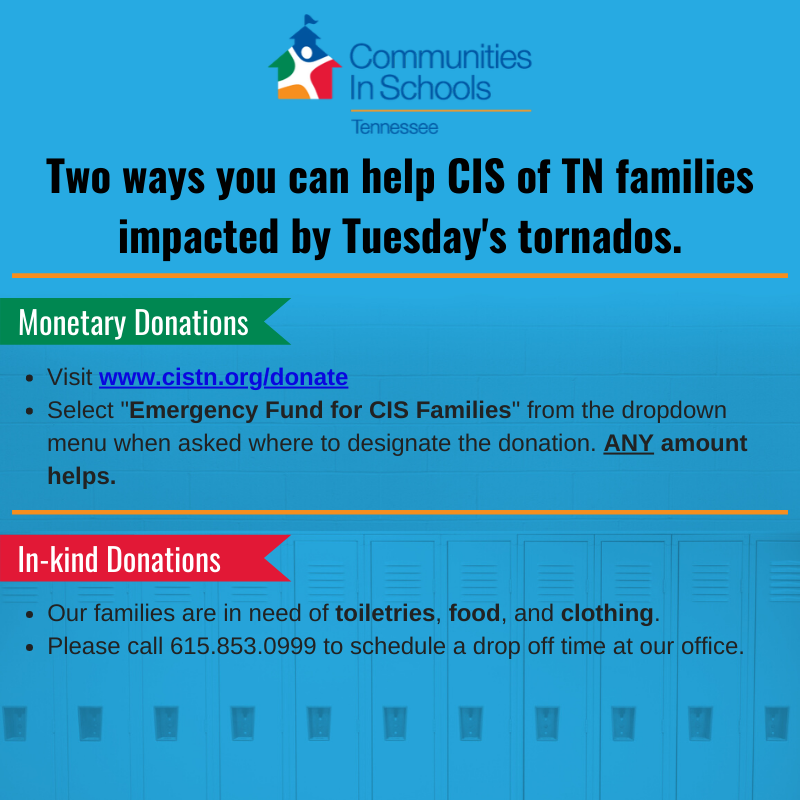 CISTennessee's tweet photo. #CISTN partners with 18 schools in Nashville &amp; several families we serve have been greatly impacted by this tragic event. As always, we thank you for your support &amp; will continue to do whatever it takes to help our students &amp; their families recover. #AllinforKids #NashvilleStrong https://t.co/a09FjyLiwD