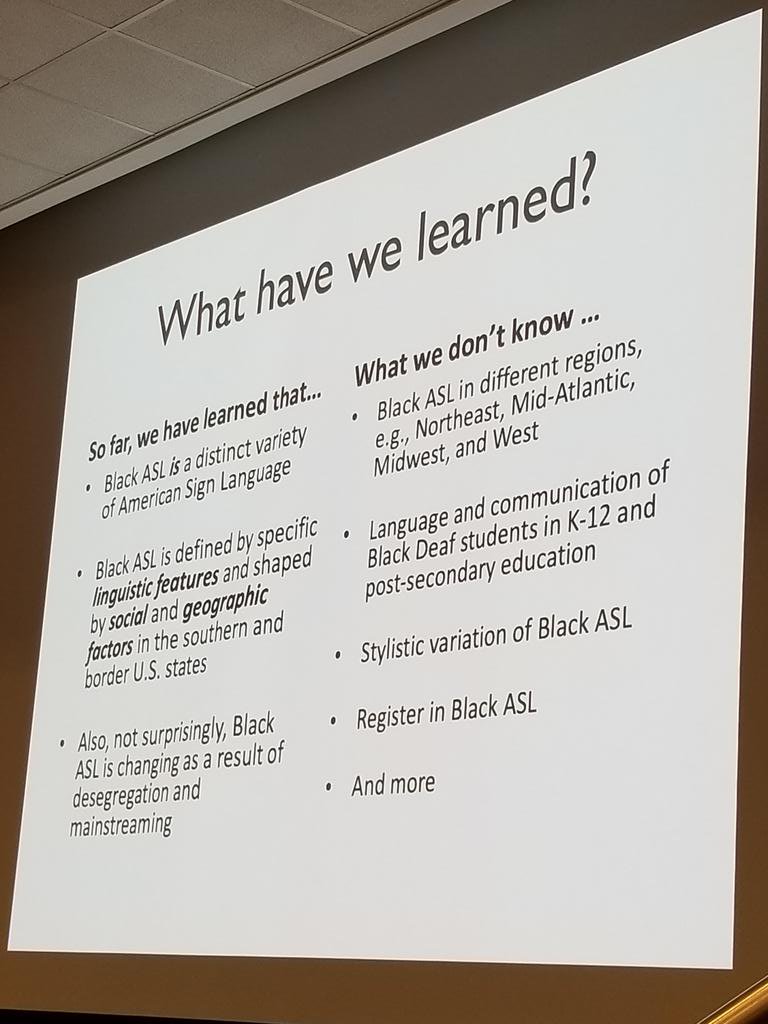 COKCCL's tweet image. Take home messages from @jaceyhill. We&apos;ve come a long way, but there&apos;s lots of work to do. We have a resources problem. We need more trained #DeafLinguists interested in working on #LanguageVariation &amp;amp; #LanguageDocumentation &amp;amp; #BlackASL