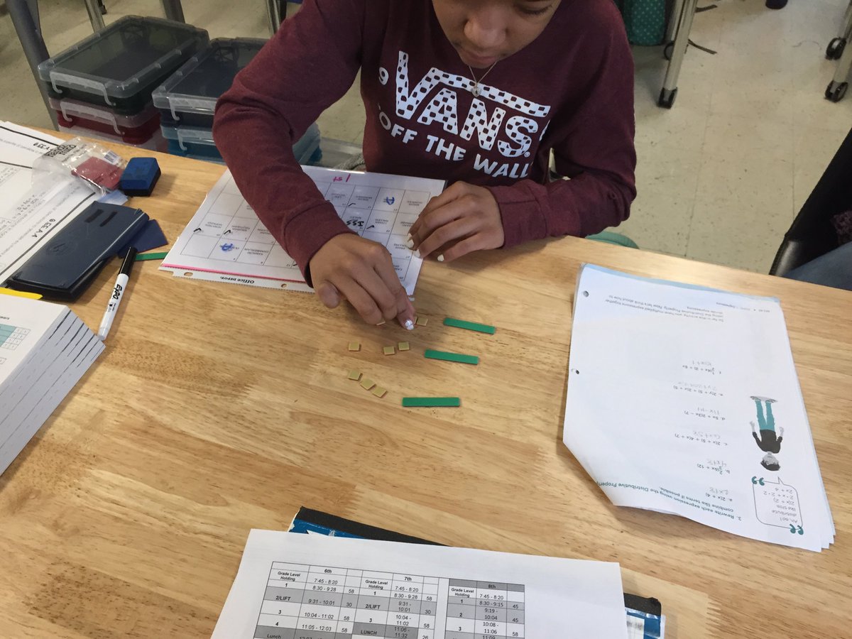 Sixth graders modeling algebraic expressions with fractions with algebra tiles in Ms. Elmore’s class &amp; algebra 2 teacher in my group exclaimed “my kids can’t do this”  - exemplary math class #woodmontrising ⁦<a href="/carnegielearn/">Carnegie Learning</a>⁩ #woodmontcool
