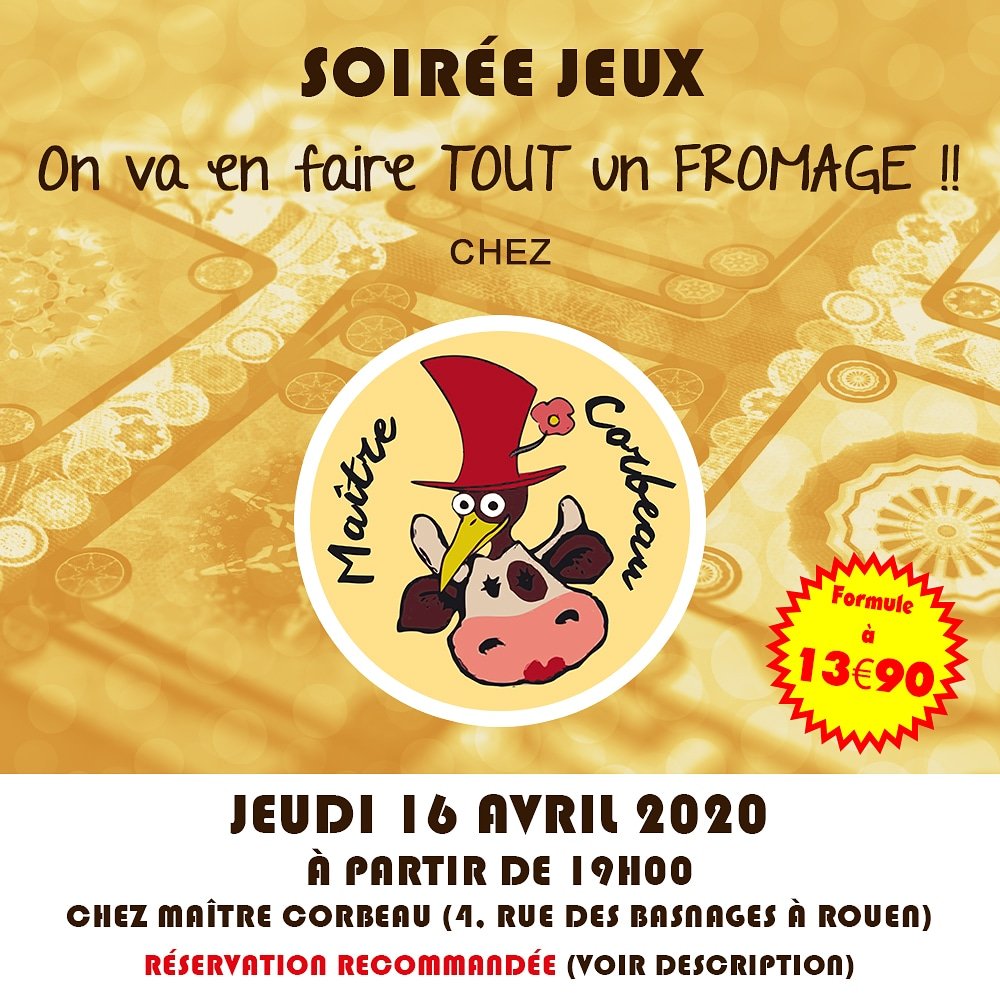#soireejeux chez Maître Corbeau le jeudi 16 avril (et non le 15 comme initialement prévu) à partir de 19h00. Réservez via :  http://opn. to/a/ja4nr (effacez l'espace dans le lien).  #j2s  #jds  #jeuxdesociete  #rouen  #seinemaritime