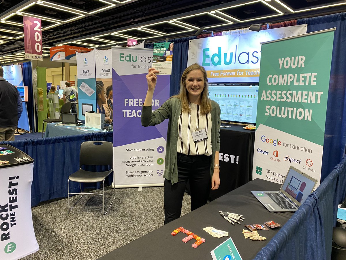 Edulastic's tweet photo. I spy with my little eye, a free K-12 digital assessment solution in the #NCCE20 exhibit hall. (And @jan_mooody!) #nomoregrading #standardsmastery #learning #edtech #zoom https://t.co/tZYSHUpd0N