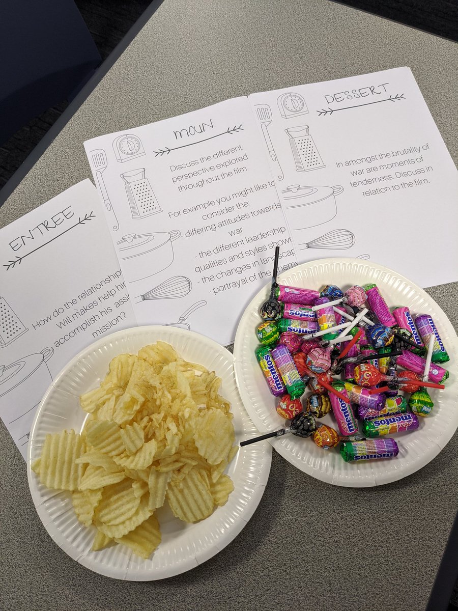 My 9s are unpacking their viewing of #1917 with an activity called #cafedilemma - highly recommended for any discussion. Three questions of varying degree, tables of 4 and a little snack to help the thought process #HistoryTeacher #histedchat