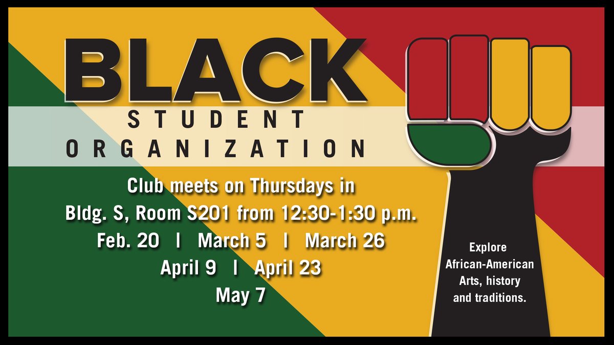 brookhaven_dc's tweet photo. Join the Black Student Organization! Club meets on Thursdays in Bldg. S, Room S201 from 12:30-1:30 p.m. Explore African-American Arts, history and traditions. Meeting dates: Feb.20, March 5, March 26, April 9, April 23 and May 7. #BrookhavenCollege #BHC #MyBHC https://t.co/9d97A9ZxQu