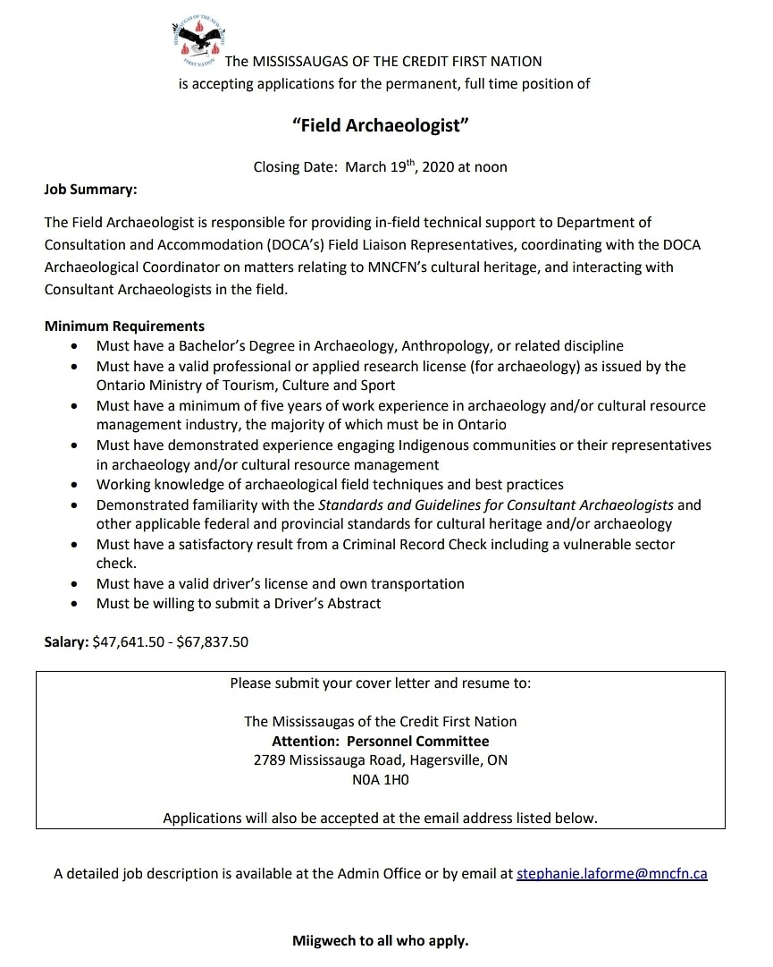 Incredible opportunity for a licensed Ontario archaeologist with the Mississaugas of the Credit First Nation! Check it out! #ontarioarchaeology #ontarioarchaeologicalsociety #archaelogyjobs