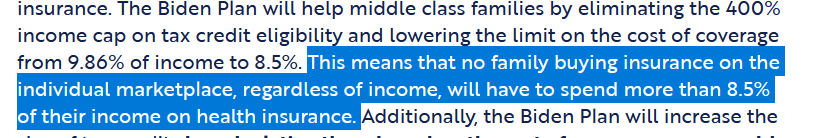 Biden's wild healthcare fantasy includes "capping" a person who makes $50,000's healthcare premiums at $4300 a year. That's just the admission fee--that doesn't include any of the costs of actually _using_ that insurance plan.