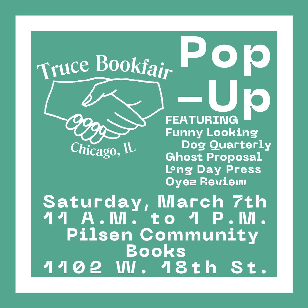 longdaypress's tweet image. We couldn’t make it to #AWP20, so we’re having a staycation!

SATURDAY, @trucebooks is bringing friends to sell our wares to the wonderful @PilsenCommBooks. Stop by 11am-1pm.
