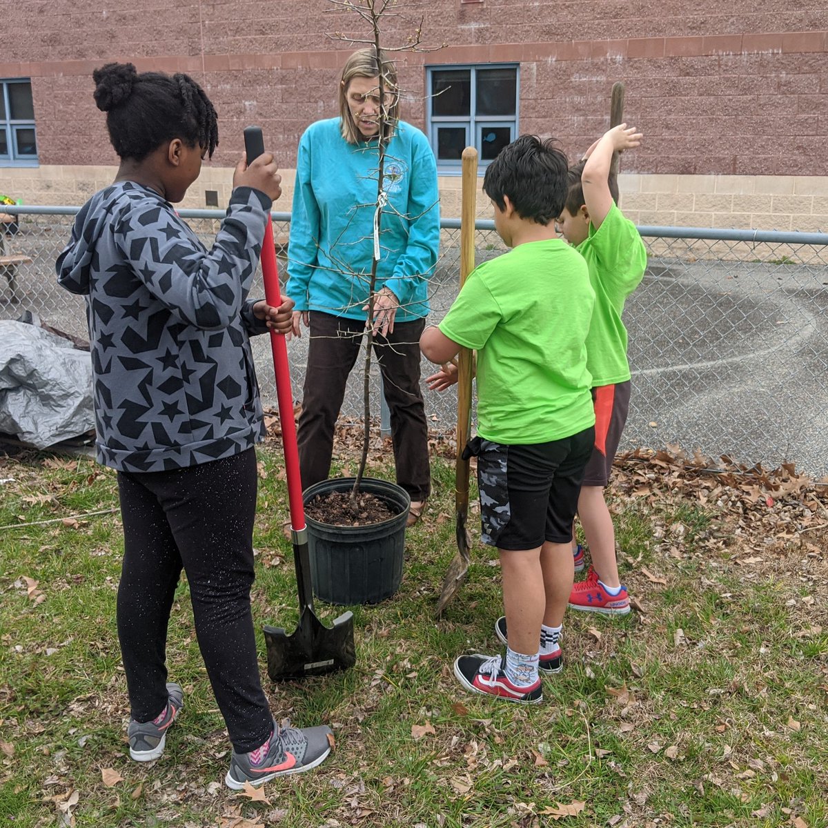 lesgifted's tweet photo. Yesterday Earthtastic Gardeners worked with out Tree Lady, Symsi Denson, to plant the beginnings of a small fruit orchard in the Earthtastic Sustainability Lab: elderberry, blackberry, black plum and persimmon. Symsi generously provides trees and expert guidance. @Landstown_ES https://t.co/QwIpz5aPd3