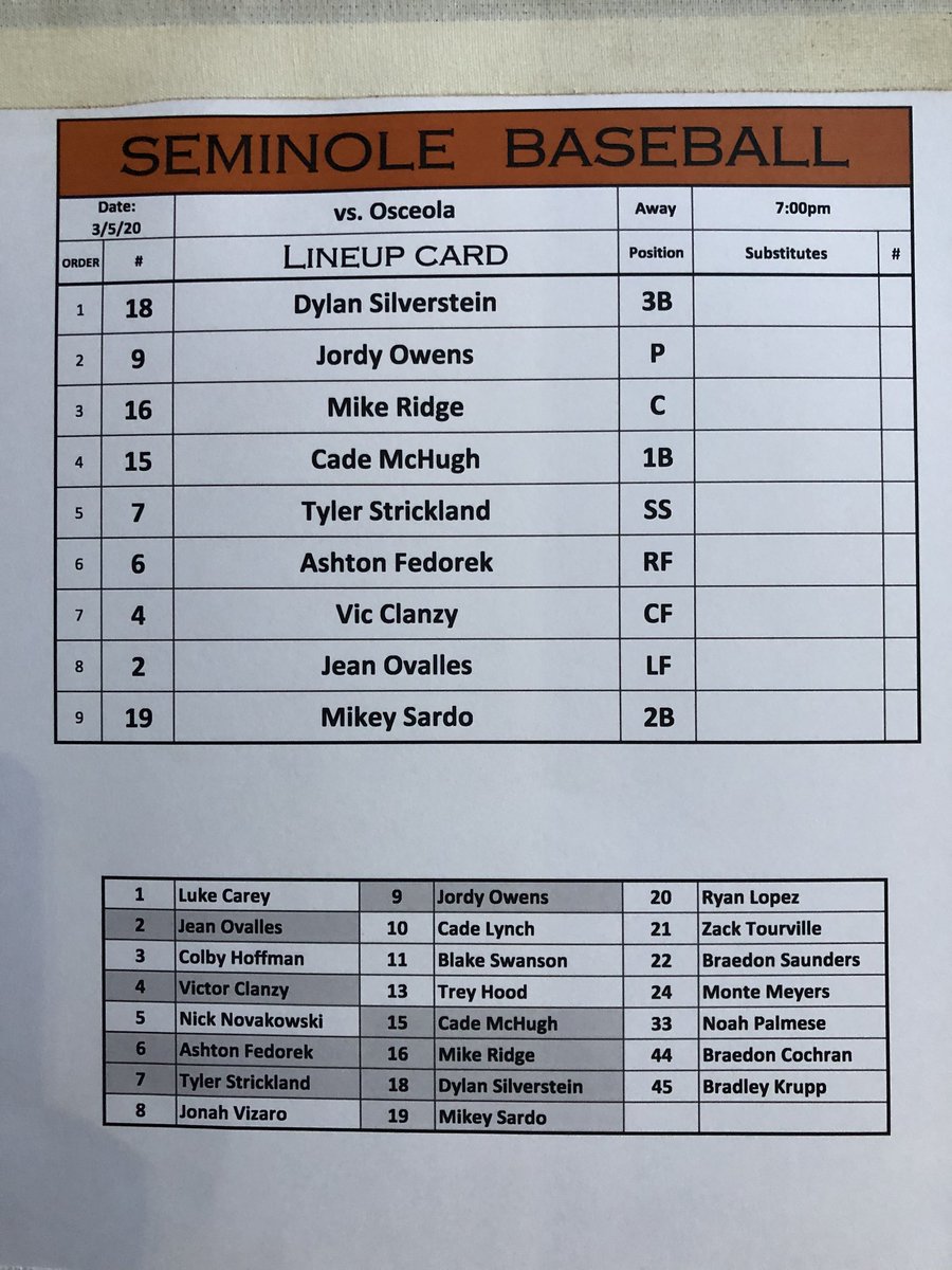 BradKRicha88's tweet photo. .@WarhawksBB🆚@OsceolaBaseball
Here’s tonight’s #StartingLineup for the #VisitingTeam: @WarhawksBB ⚾️

@B_A_Baseball @PinellasSports @HSSportsFL @FryeChuck @TBHomeTeam @BobbyHomeTeam @RodneyHomeTeam @PinellasBaseba1 @WarhawkSports @SeminoleWarhawk https://t.co/xGEVjTEvJu