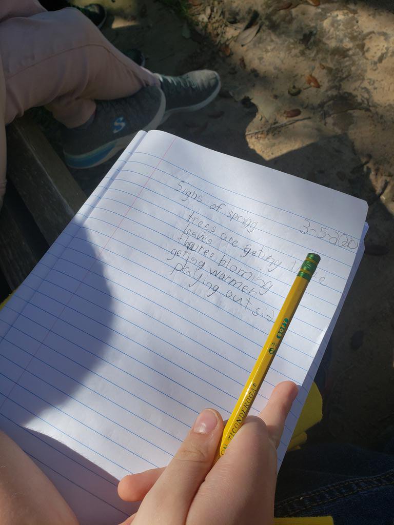 MrsSemones's tweet photo. Brainstorming signs of spring today with @JosetteKimla for a future writing. Loved getting some fresh air with our writer's notebooks! https://t.co/raZ1W2zAqP