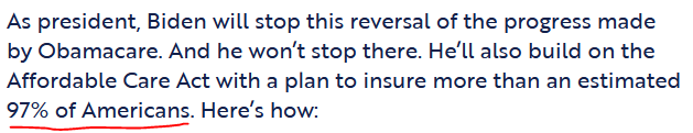 You simply cannot claim that healthcare is a right for all people if you don't have a plan to make sure all people are covered. Biden's not even pretending his plan will try to attain universal coverage.