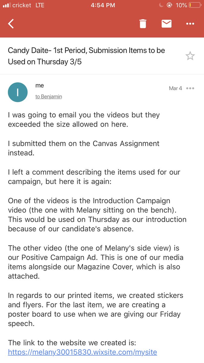 CandyDaite's tweet photo. @MichaelJKingst1 I’ll have you know that I planned for our media to be presented today in class. And if you cared to stop by our table display while you were taking pictures, you would have seen that. Here is an email showing that I contacted the debate conductor to work out my absence. https://t.co/pgXp4LBGUm