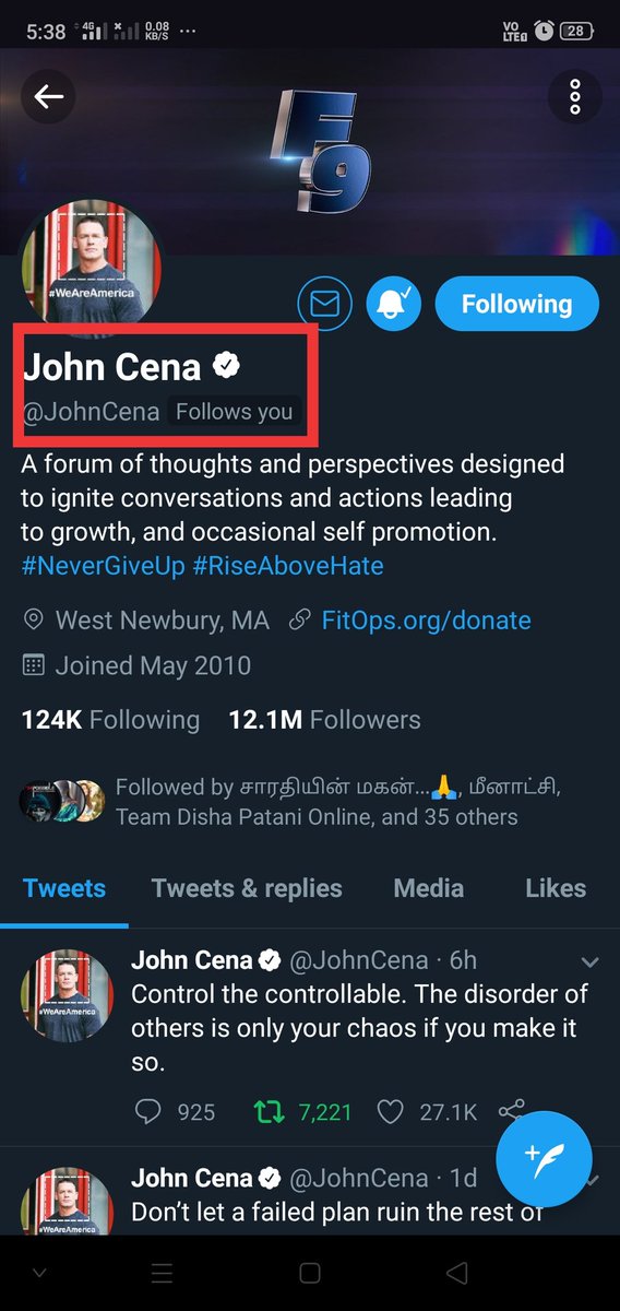 AshokTwitzz's tweet photo. Can't believe who followed me. Thank god. The man who i loved, admired and who entertained me at all my teenage to till now and forever, the one and only @JohnCena will be in touch my hero. Loads of love to you. #RaiseAboveHate #NeverGiveUp https://t.co/ZbdKqednU4