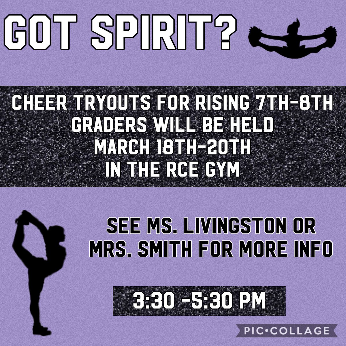 RCEMiddle's tweet photo. Mark your calendar for our upcoming #RCEcheer📣 tryouts! #teamRCE🐾 #PantherPride💜 #gotspirit https://t.co/E8txrWM4ry