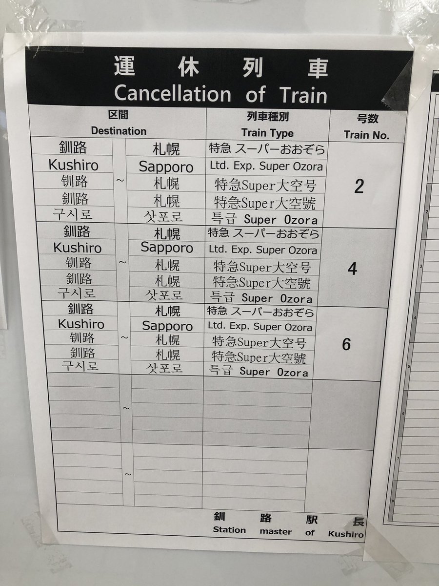 ばふぁろうず On Twitter 釧路駅にて 釧網本線 全線 花咲線 全線 根室本線 釧路 帯広 の普通列車は11時頃までの運休から終日運休に変更となりました 特急 スーパーおおぞら 7 12号 は運行予定だそうですが 今後の状況次第でどうなるかという感じです