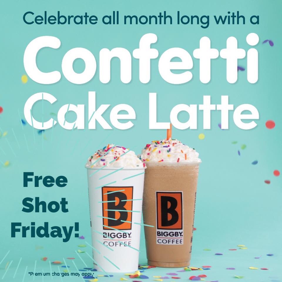 Free shot Friday!!! Try it with our confetti cake latte!!