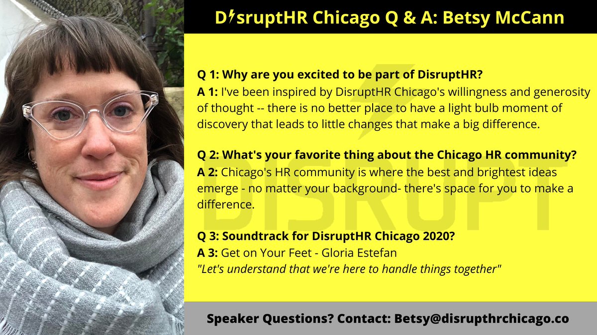 Continuing our DisruptHR Chicago Q&amp;A series, welcome our next board member.

Betsy is our speaker liaison for the DisruptHR Chicago board. She was a DisruptHR Chicago speaker in 2017.

SPEAKER APPLICATION: disrupthrchicago.co/want-to-speak/

TICKETS: disrupthrchicago.co

#DisruptHRChi