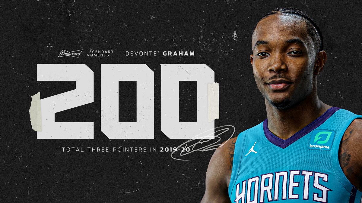 hornets's tweet photo. LIKE to congratulate @Devonte4Graham on making his 200th 3️⃣ of the 2019-20 season!

#LegendaryMoments | @budweiserusa https://t.co/jSxHrUQ1U3