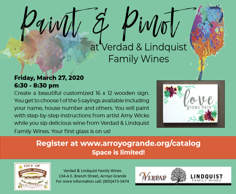 ArroyoGrandeCA's tweet image. Enjoy a fun night in the Village drinking wine Verdad &amp;amp; Lindquist Family Wines and painting a customizable sign that will look great in your home.  Register at ow.ly/Mbkb50yxSr2

#paintandpinot #verdadlindquistfamilywines #customizedsign #funnightout #agrec #arroyogrande