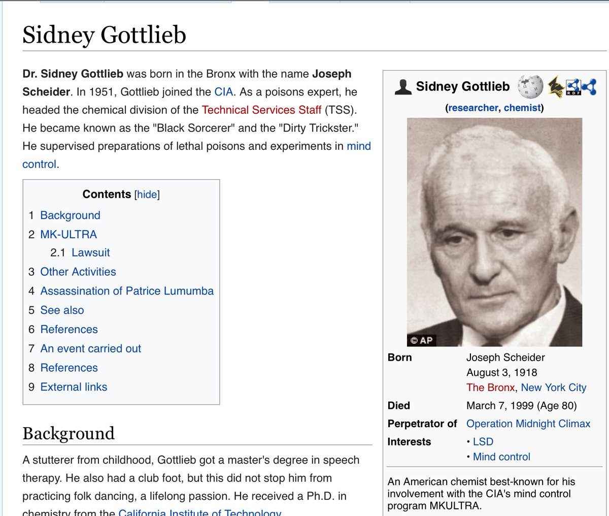 Meet Sidney Gottlieb aka Joseph Scheider Born 1951 Bronx, NY 1953 Gottlieb headed  #ProjectMKUltra & He became known as “Black Sorcerer” & “Dirty Trickster” = Whitey Bulger given LSD every day for a year  @POTUS @TheJusticeDep https://www.wnd.com/1998/11/3426/&nbsp; https://www.wikispooks.com/wiki/Sidney_Gottlieb  https://twitter.com/dmills3710/status/1171578470792671234