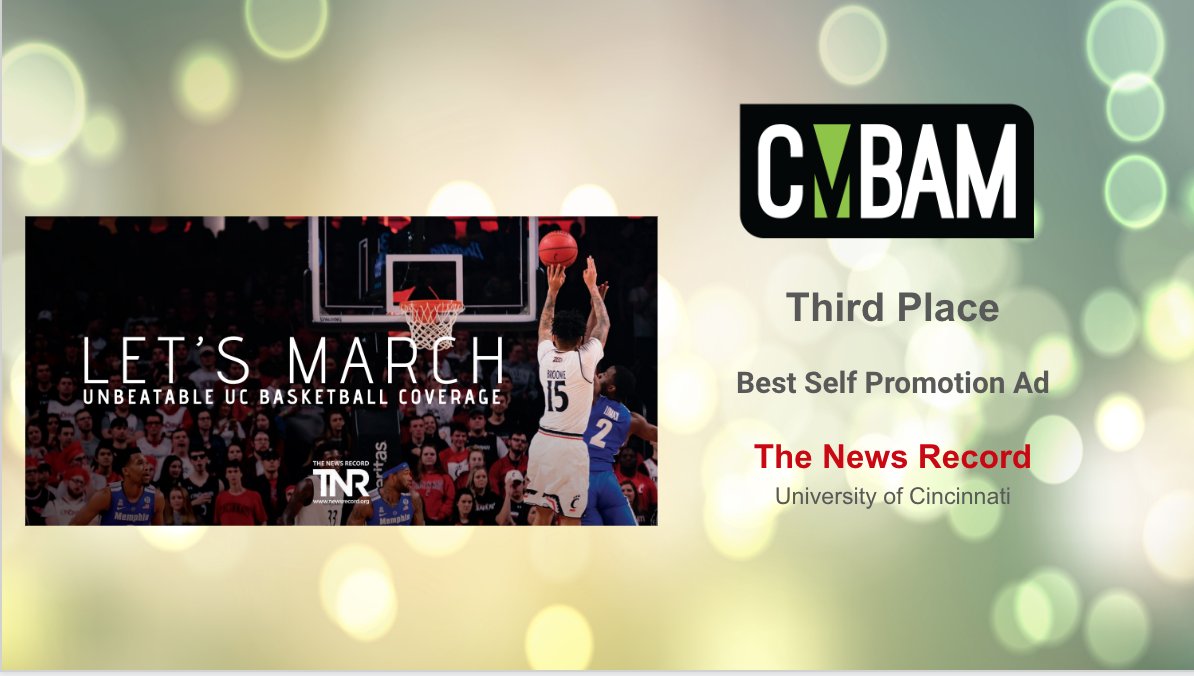 BobJonason's tweet photo. Belated congrats to the @NewsRecord_UC business team for winning three awards at the #CMBAM convention last week! Hats off to Jared Thornton for his design work and to @U_Communicate for its stories in the UC bicentennial edition. #TNRteamwork @JournalismUC @uofcincy @UC_ArtSci https://t.co/yKSFDzo4xY