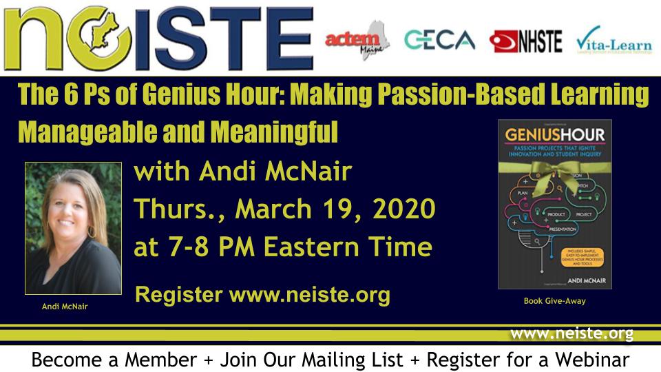 NE_ISTE's tweet photo. FREE Webinar 3.19.2020 7-8PM @mcnairan3 “The 6 Ps of Genius Hour: Making Passion-Based Learning Manageable and Meaningful” Book Raffle! “Genius Hour”
Register - https://t.co/8zcqJNXBVW #geniushour, #designfordepth #ameaningfulmess #makeithappenEDU https://t.co/UPKKKybezt https://t.co/UvZblzGuyq