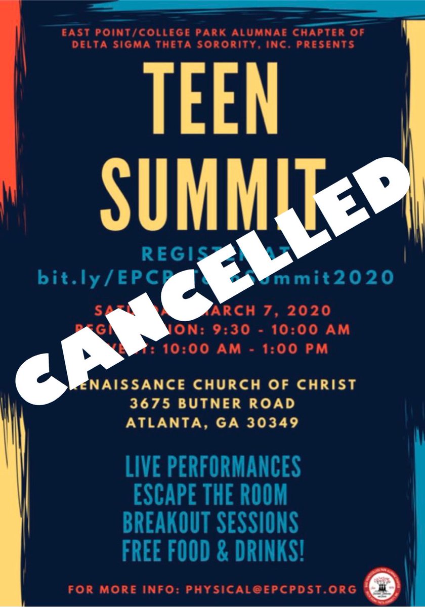 epcpdst's tweet photo. Thank you for your interest in our Teen Summit, however, due to recent updates from the Governor concerning reported cases of the coronavirus, this event has been cancelled. For questions or concerns, please email education@epcpdst.org. #EPCPDST #safety #preparedness #deltaready https://t.co/KW16WJUWRX
