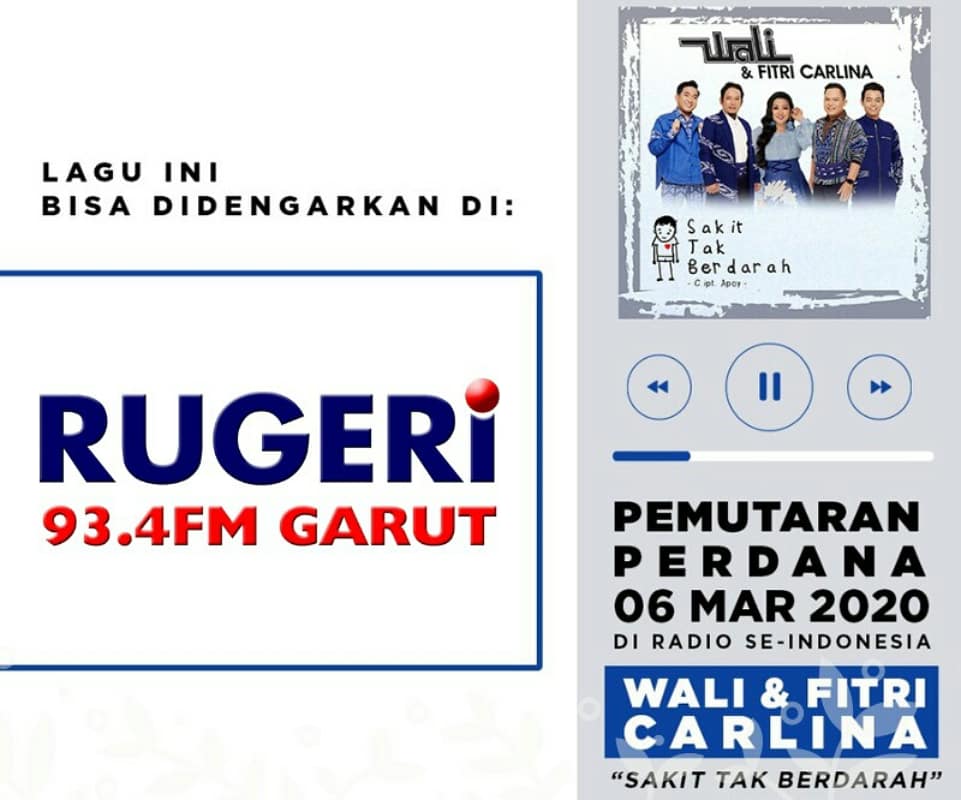 radiorugeri's tweet photo. Yok denger lagu keren kolaborasi @bandwali dan @fitricarlina2 single “Sakit Tak Berdarah” sudah bisa direquest di radio mulai hari ini yaaaa....
#Pemutaranserentak @NAGASWARA_ID #RadioRugeri #Indonesiapop #WaliFitcarSTB https://t.co/n7RIXRGJ7H