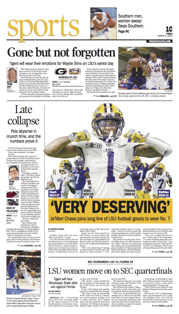 zewing's tweet photo. LSU football has a new No. 7, @Real10jayy__. The Ragin' Cajuns have a new man behind the plate. The Pelicans need a new plan late in close games. The LSU women get a new day at the SEC tournament. As for the LSU men, one name will be on everyone's mind on senior day. #RIPwayde https://t.co/TeGMQB7xOT