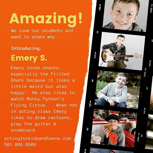 thestudionw's tweet photo. Meet our AMAZING student, Emery! Emery loves many art forms like drawing, music and acting! He also thinks is the frilled shark is pretty cool too. Have you ever seen one? Look it up! We love having Emery as a part of our #AFKT family! #actingforkidsandt… https://t.co/tJmwzvFCpf https://t.co/1qX0rZaTjy