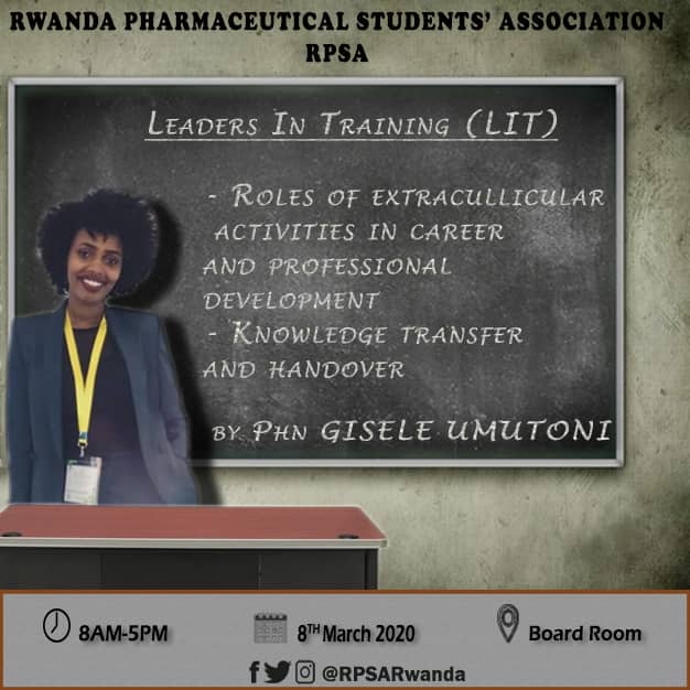 RPSARwanda's tweet photo. We are delighted to announce our #TRAINERS of Leaders in Training  #LIT2020 Will take place on 8th.March #SchoolofMedicineandPharmacy @Uni_Rwanda Don't plan to miss! #LIT2020 @KABOGOJanvier @Fhumura @IPSFAfRO @UmutoniGizl @IPSForg @RwandaFDA @RwandaNPC @FIP_org @RwandaHealth https://t.co/hB7jG9h6sO