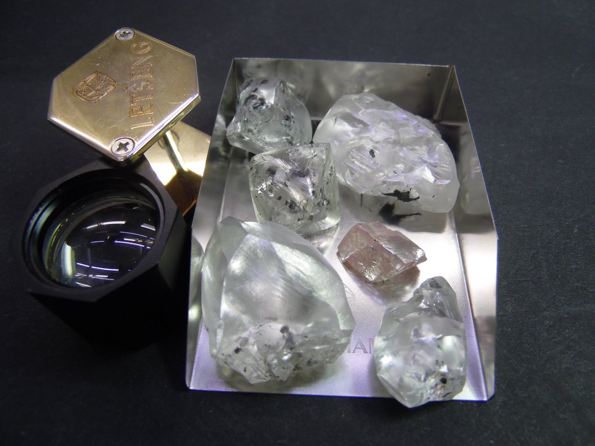 Between 28 February and 3 March 2020, a number of white top quality gem diamonds, and a pink, were recovered from Letšeng:
1. Left Back: 56 carat
2. Right Back: 88 carat 
3. In front: 53 carat 
4. Centre: 13 carat pink
5. Left Front: 114 carat 
6. Right Front: 33 carat