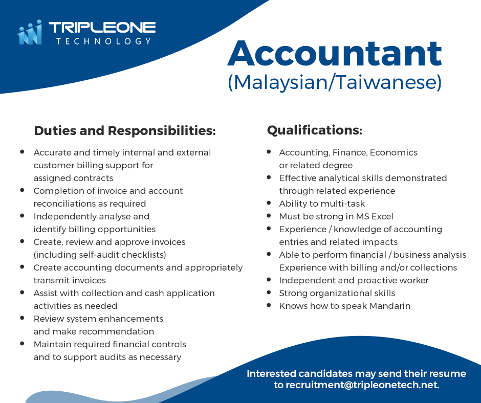 TripleOneTech's tweet photo. Be part of our progressive #team!

Send your resume to recruitment@tripleonetech.net.

#Jobs #Hiring 

Available Positions

● Accountant (Malaysian/Taiwanese)
https://t.co/2TiAYzLIdg

● Business Analyst
https://t.co/2dkkpqOW2x

● Dev Support
https://t.co/5TFelh9EqU https://t.co/4XB0LoUdCY