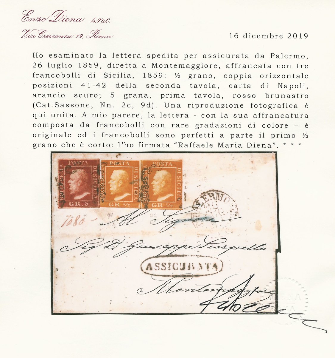 EnzoDienasrl's tweet photo. UN CERTIFICATO A SETTIMANA 231 Continua su https://t.co/BlFt6jUMeb #filatelia #briefmarken #philately #stamp #sello #philatelie #italia #francobollo #diena #rarity #rare #expertize #perizie #certificato #raro #italy #sicilia #sicily #montemaggiore #palermo #napoli #assicurata https://t.co/CWQP4dFBe7
