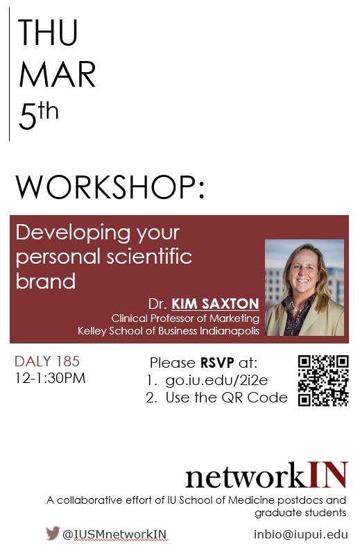 IUSMnetworkIN's tweet photo. It was with great pleasure that we welcomed Dr. Kim Saxton @profksaxton from @KelleyIndy Business School to learn about developing our personal scientific brand. Thanks to @IUPUI and @IUMedResearch Postdocs and Grad Students who attended and made this workshop event a success! https://t.co/FQIu0TddyX