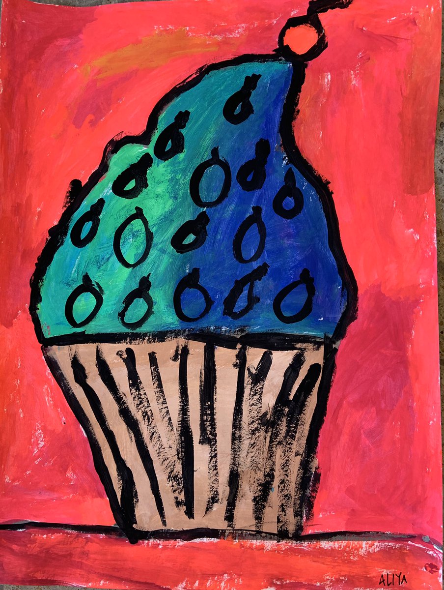 WSEArtRoom's tweet photo. My Kinders learned about artist Wayne Thiebaud &amp; painted giant cupcakes w/ warm/cool/&amp; neutral colors. These paintings are BIG, too. I was inspired by paintings I saw at PSE during PL—my teacher tribe is awesome. @BVWolfSprings #KSArtEd #bigcolor https://t.co/LNV2bar9QM