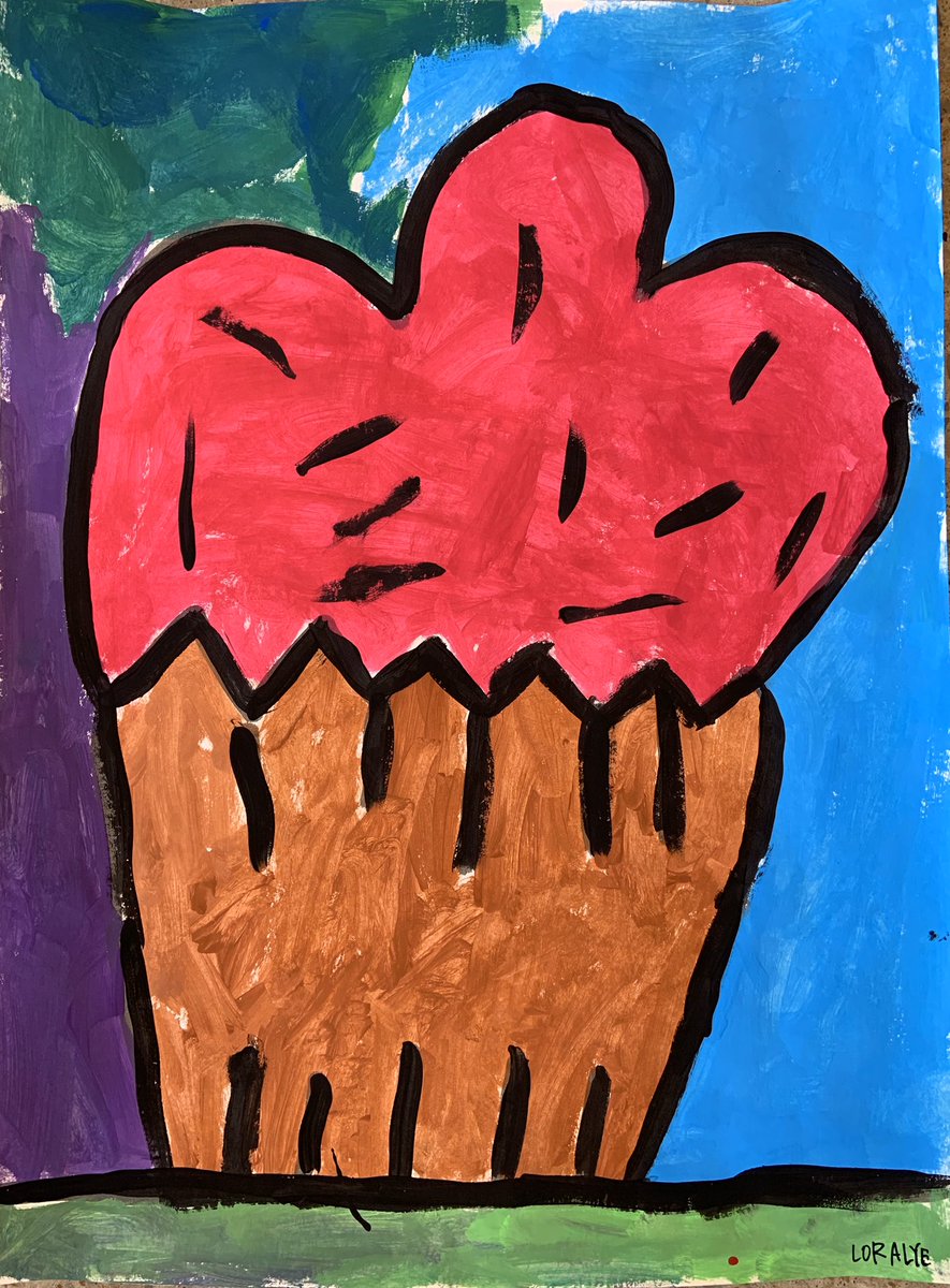 WSEArtRoom's tweet photo. My Kinders learned about artist Wayne Thiebaud &amp; painted giant cupcakes w/ warm/cool/&amp; neutral colors. These paintings are BIG, too. I was inspired by paintings I saw at PSE during PL—my teacher tribe is awesome. @BVWolfSprings #KSArtEd #bigcolor https://t.co/LNV2bar9QM
