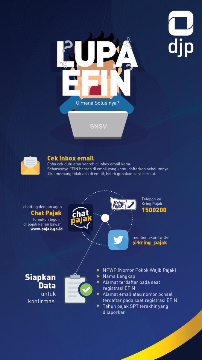 Pas lagi semangat mau lapor SPT, tiba-tiba..

"Duuh, nomor EFIN ku berapa ya?" 😓

Tenang! Ini yang bisa temankeu lakukan untuk dapatkan EFIN-mu kembali 😉