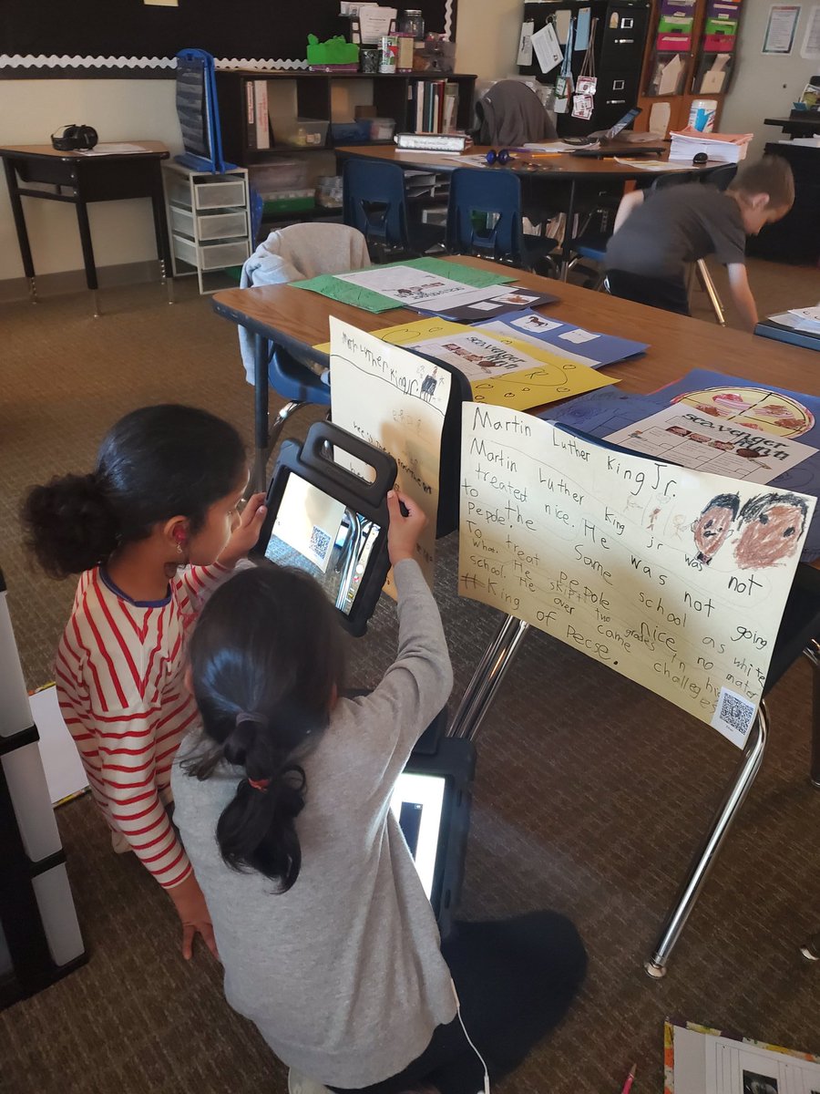 moreteachn's tweet photo. Our historical figures gallery walk today was a success.  Posters hung around the room with facts and a QR code to @ChatterPixIt. #scottproud #FISD1 https://t.co/JPlsqefrwK