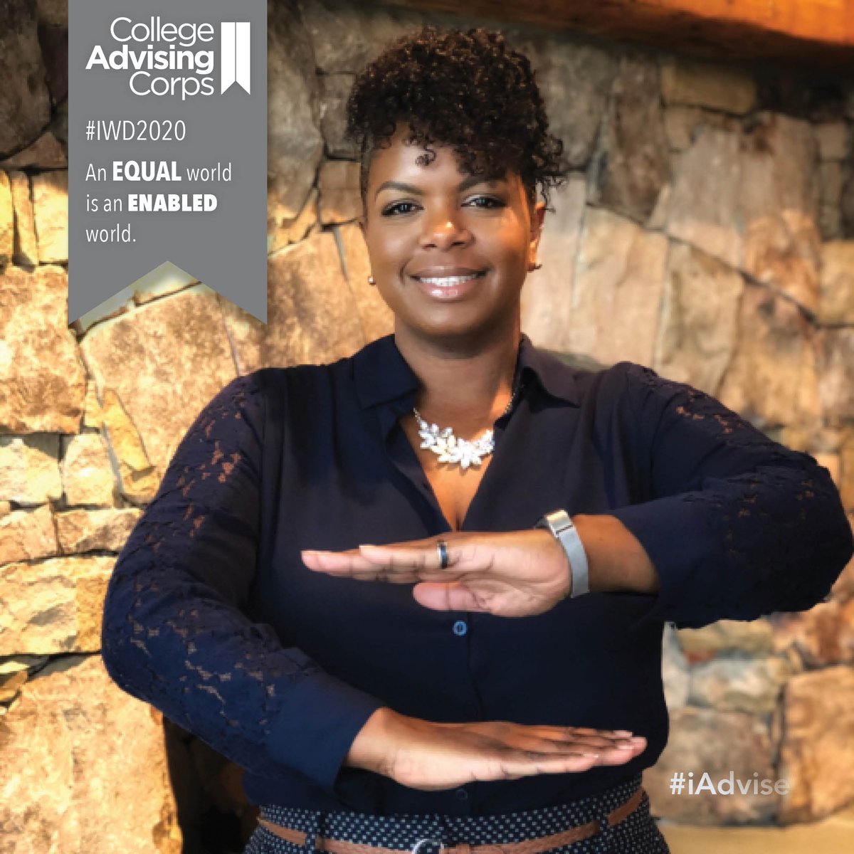 AdvisingCorps's tweet photo. Sunday the world unites to recognize International Women's Day. Like #IWD2020, we, too, believe that an EQUAL world is an ENABLED world. Erica and everyone at CAC invites you to post your own #EachForEqualPose this March 8. Tag College Advising Corps! #iAdvise #EachForEqual https://t.co/cp8yDbRD0P