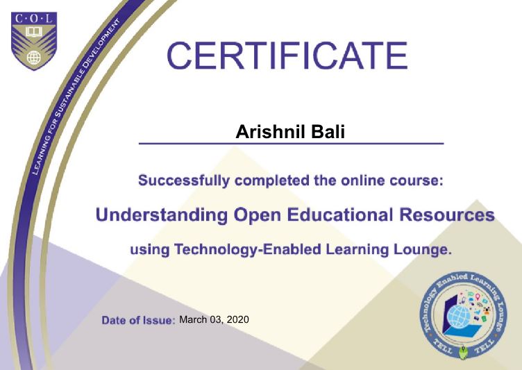 ArishnilB's tweet image. #ED403SemOne2020
#Week4
#LearningByTechnology
#OER

Please find my certificate of completion below.
@ShikhanrED403 @shikhanr @i_Nikhil_1994 @HiyeKM @KumarDhirendran @evelynkumar13 @RoshniSwastika @avin_prasad