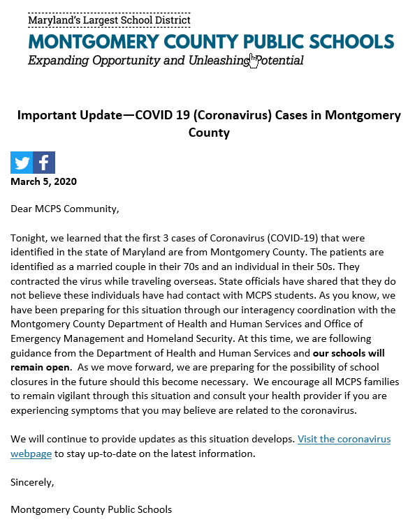 Schools will open in Montgomery County, Maryland tomorrow.
