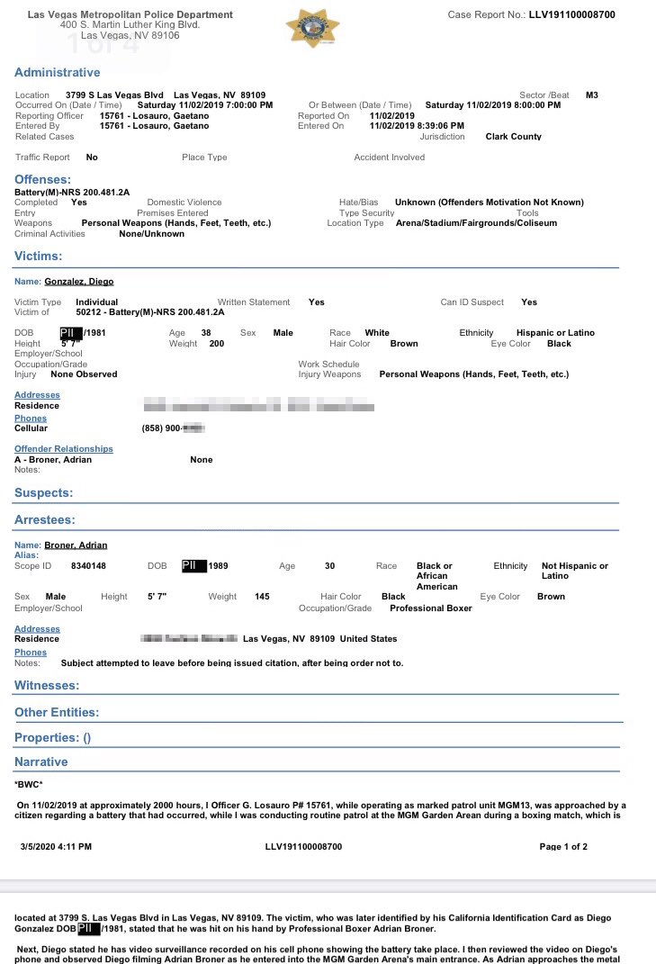 Contrary to an earlier report, Adrien Broner did NOT have any altercation with Tank Davis or his team at #CaneloKovalev. AB allegedly knocked a fan’s phone out of his hand while the fan attempted to record him. The civil citation was apparently addressed at #WilderFury2. #boxing