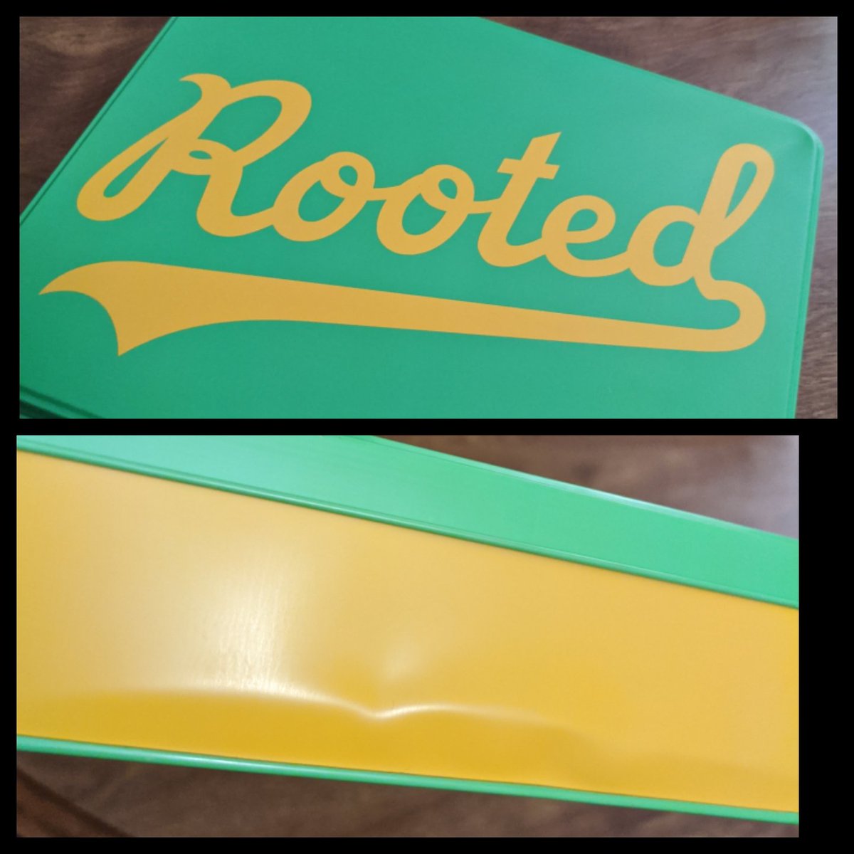falstin's tweet photo. I got mine slightly banged up. I guess the FedEx delivery person is an Astros fan. 🤷‍♂️ But that is ok, I like going to the ol' dive bar in Oakland with a few dents in it. #RootedInOakland #AsAccess https://t.co/8sezvYPeNB